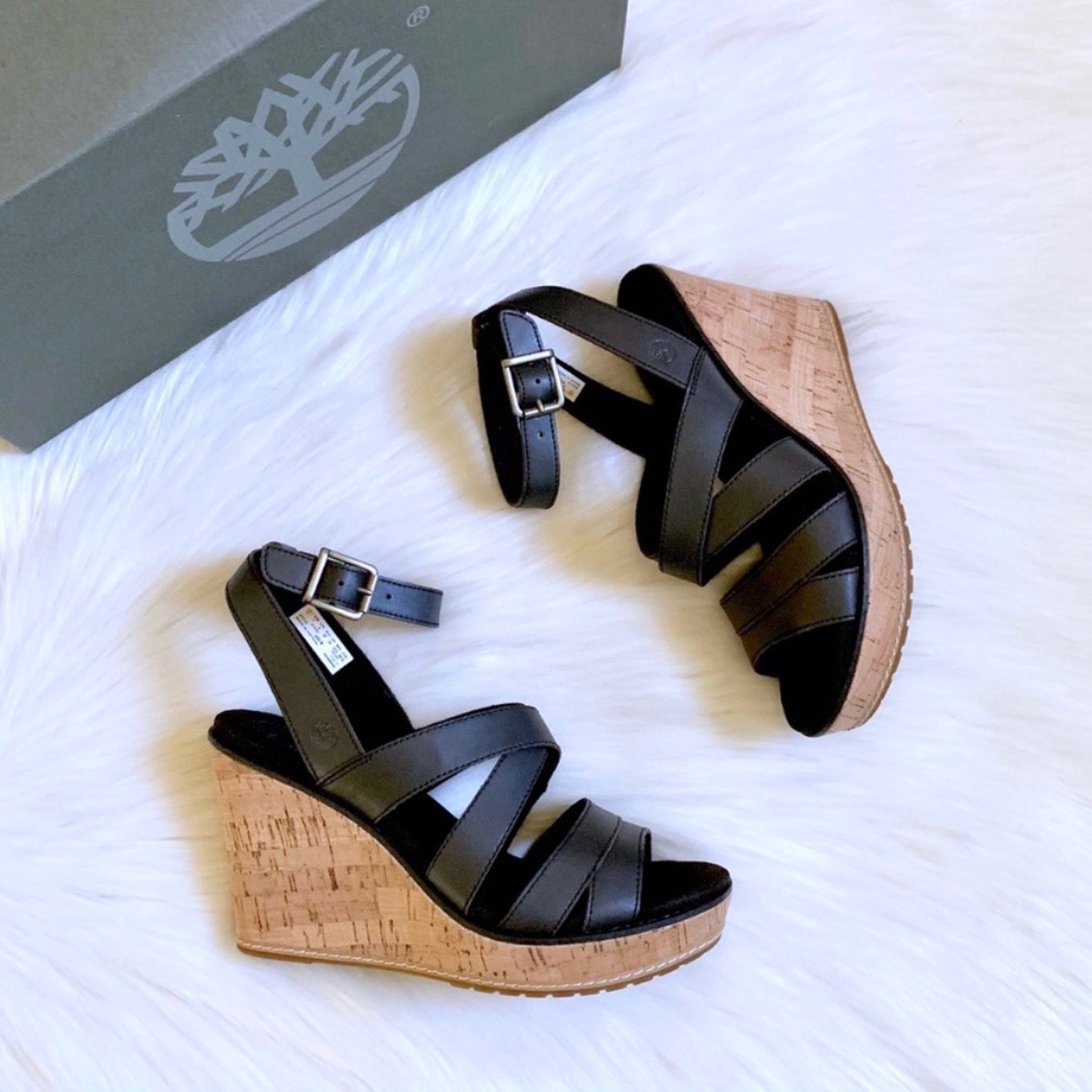 Timberland Danforth Black Leather Wedge Sandals - Picture 2 of 8